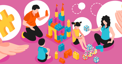 Desenho com vários ícones coloridos ao fundo rosa. Dois adultos interagindo com a criança ao meio