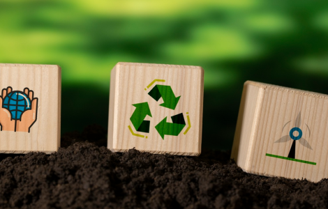 Figuras de blocos de madeira estampados com símbolos de reciclagem e outros referentes à educação ambiental em fundo verde.