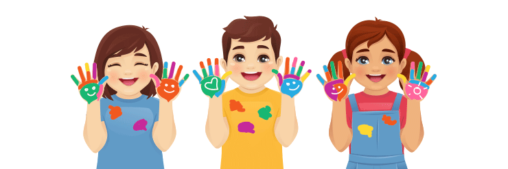 Desenho de 3 crianças com as mãos pintadas