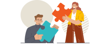 Desenhos representando um homem e uma mulher, segurando peças encaixáveis, simbolizando trabalho em equipe