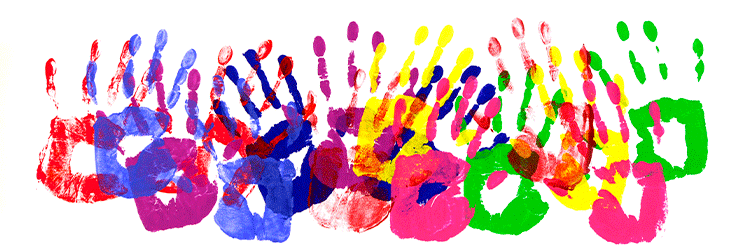 Uma variedade de impressões coloridas de mãos em um fundo branco