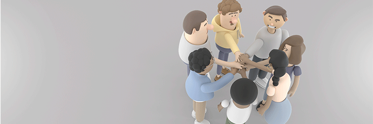 Desenhos em estilo cartoon de um grupo de pessoas unindo as mãos em um centro em comum, mostrando união e cooperação