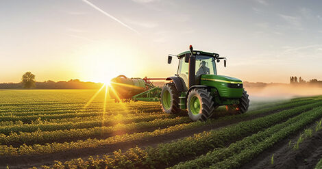Trator verde trabalhando em campo agrícola ao pôr do sol, entre fileiras de culturas