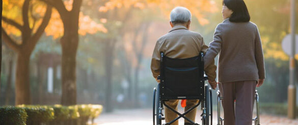 Cuidadora acompanhando idoso em cadeira de rodas durante um passeio em um parque arborizado