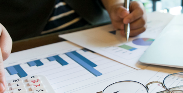 Pessoa utilizando uma calculadora enquanto analisa gráficos e dados financeiros com um laptop ao lado, representando a análise financeira