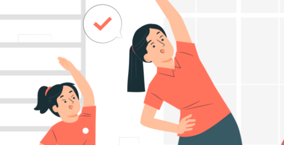 Ilustração de instrutora de educação física fazendo alongamento junto a uma turma de alunos.