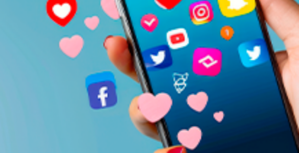 Mão segurando smartphone com ícones de redes sociais e corações, representando engajamento digital