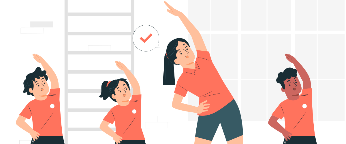 Ilustração de instrutora de educação física fazendo alongamento junto a uma turma de alunos.