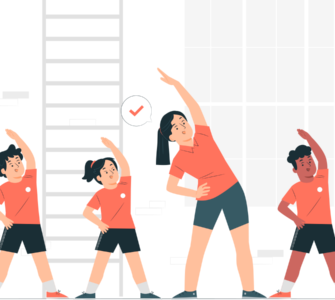 Ilustração de instrutora de educação física fazendo alongamento junto a uma turma de alunos.