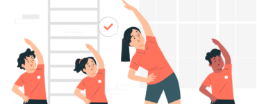 Ilustração de instrutora de educação física fazendo alongamento junto a uma turma de alunos.