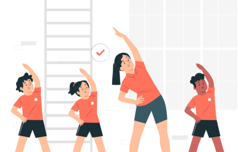 Ilustração de instrutora de educação física fazendo alongamento junto a uma turma de alunos.