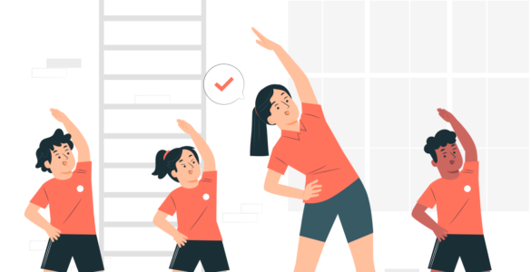 Ilustração de instrutora de educação física fazendo alongamento junto a uma turma de alunos.