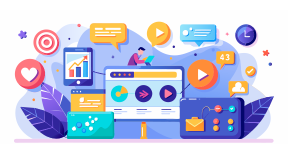 ilustrações representando diferentes fases do marketing digital: planejamento, execução e análise de resultados