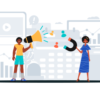 chave para nomeação da imagem: marketing digital] [alt text: Desenho de duas pessoas. Uma segura um megafone e a outra um imã, representando diferentes estratégias de marketing digital