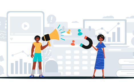 chave para nomeação da imagem: marketing digital] [alt text: Desenho de duas pessoas. Uma segura um megafone e a outra um imã, representando diferentes estratégias de marketing digital