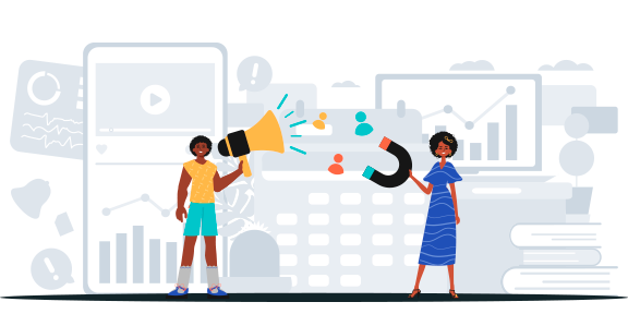 chave para nomeação da imagem: marketing digital] [alt text: Desenho de duas pessoas. Uma segura um megafone e a outra um imã, representando diferentes estratégias de marketing digital