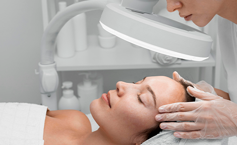 Visagista realizando análise facial em paciente deitada, utilizando lupa para exame detalhado