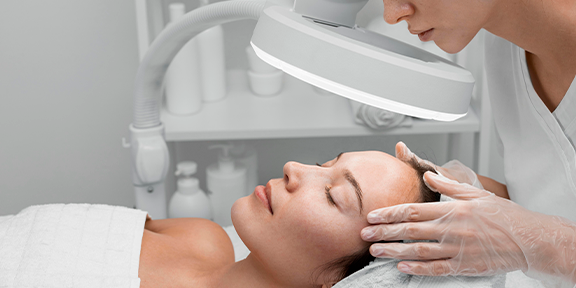 Visagista realizando análise facial em paciente deitada, utilizando lupa para exame detalhado