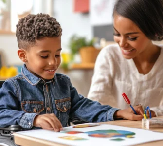 Menino em cadeira de rodas sorrindo enquanto faz atividade artística ao lado de uma professora, em ambiente escolar.