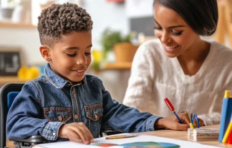 Menino em cadeira de rodas sorrindo enquanto faz atividade artística ao lado de uma professora, em ambiente escolar.