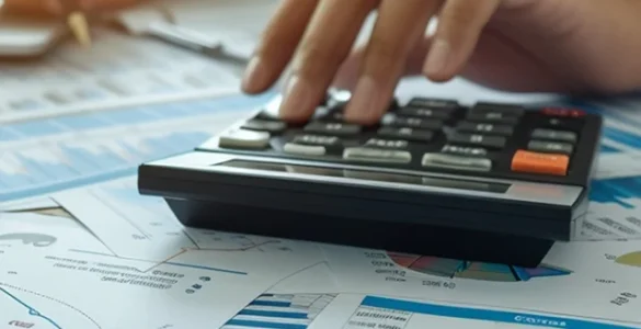 Pessoa utilizando calculadora e analisando gráficos e relatórios financeiros sobre uma mesa com laptop e óculos.