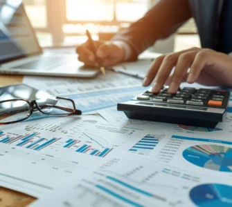 Pessoa utilizando calculadora e analisando gráficos e relatórios financeiros sobre uma mesa com laptop e óculos.