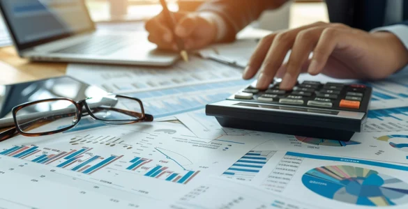 Pessoa utilizando calculadora e analisando gráficos e relatórios financeiros sobre uma mesa com laptop e óculos.