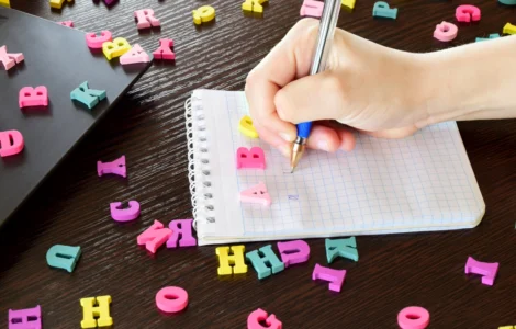 Em uma mesa de madeira escura, uma mão escreve em uma caderneta branca, cercada de formas de letras do alfabeto coloridas.