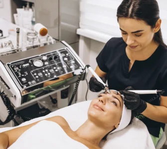 Profissional biomédico esteticista realizando tratamento facial com equipamentos modernos em uma clínica estética.