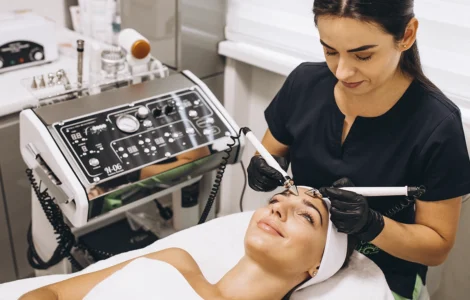 Profissional biomédico esteticista realizando tratamento facial com equipamentos modernos em uma clínica estética.