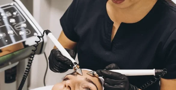 Profissional biomédico esteticista realizando tratamento facial com equipamentos modernos em uma clínica estética.