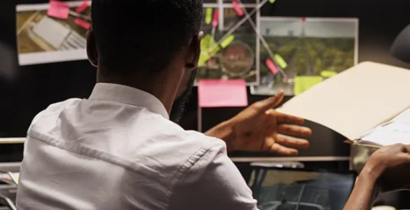 Psicólogo forense analisando documentos em um ambiente de trabalho com quadro de investigação e arquivos organizados.