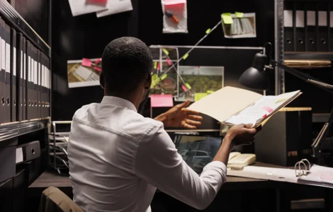 Psicólogo forense analisando documentos em um ambiente de trabalho com quadro de investigação e arquivos organizados.