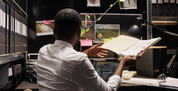 Psicólogo forense analisando documentos em um ambiente de trabalho com quadro de investigação e arquivos organizados.