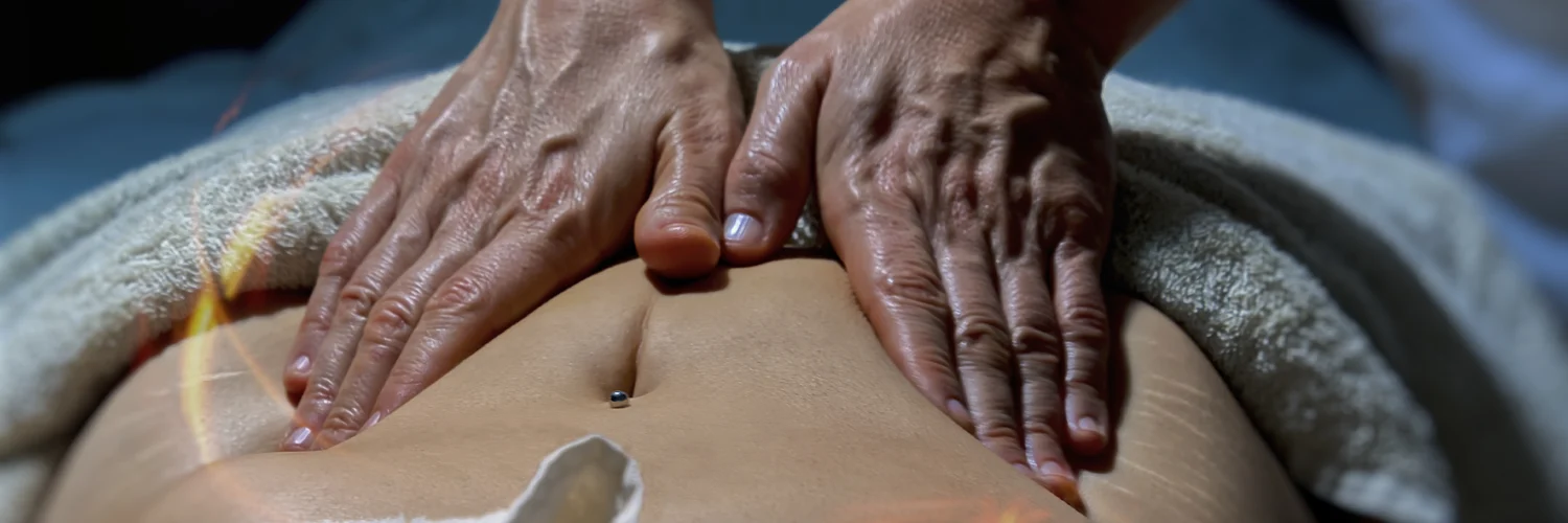 Massoterapeuta realizando massagem abdominal em pessoa deitada com toalha, em ambiente de spa.