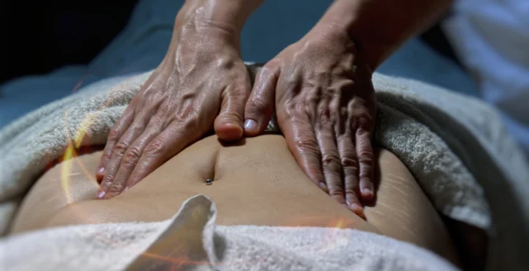 Massoterapeuta realizando massagem abdominal em pessoa deitada com toalha, em ambiente de spa.
