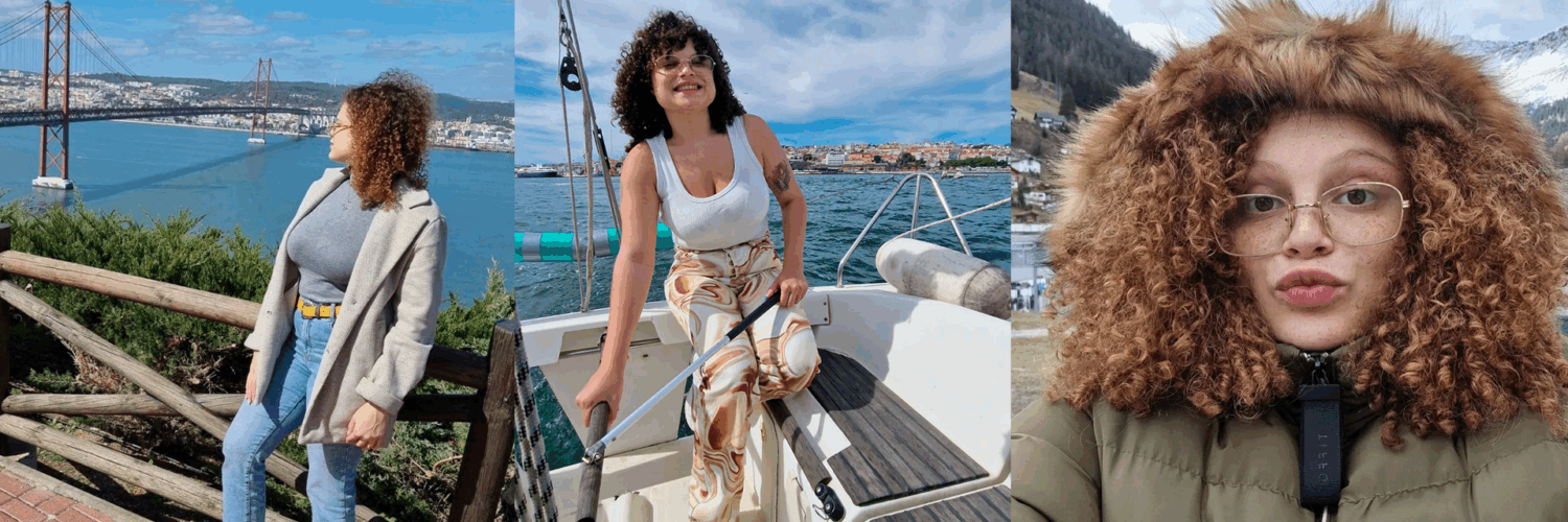 Montagem de fotos dos entrevistados em momentos de descontração no exterior.