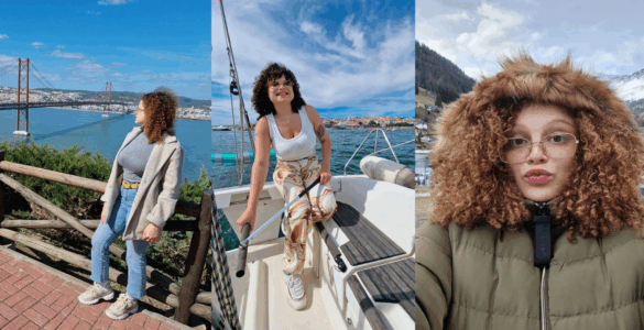 Montagem de fotos dos entrevistados em momentos de descontração no exterior.