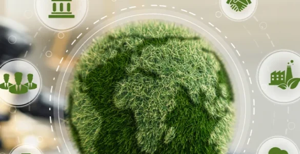 Representação do direito ambiental com símbolos de justiça, meio ambiente e sustentabilidade ao redor do planeta.