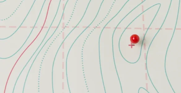 Mapa topográfico com curvas de nível coloridas e alfinetes marcando pontos estratégicos sobre a grade.
