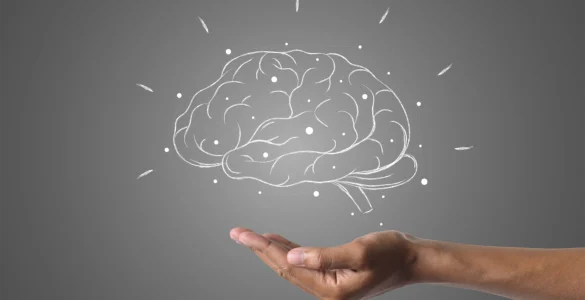 Mão sustentando um cérebro desenhado com conexões, simbolizando inteligência ou neuromarketing.
