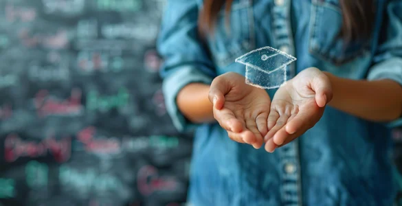 Pessoa com as mãos abertas segurando holograma de capelo, simbolizando o poder transformador da educação.