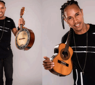 Montagem de fotos do entrevistado, o artista Dedê do Banjo.