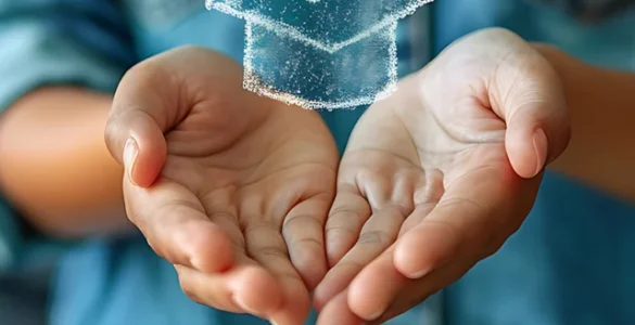 Pessoa com as mãos abertas segurando holograma de capelo, simbolizando o poder transformador da educação.