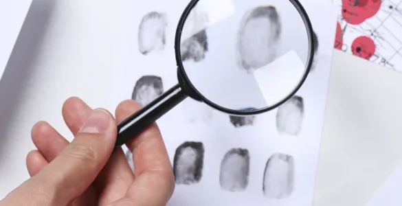 Pessoa analisa impressões digitais com lupa ao lado de mapas e marcas de mãos em um contexto investigativo.