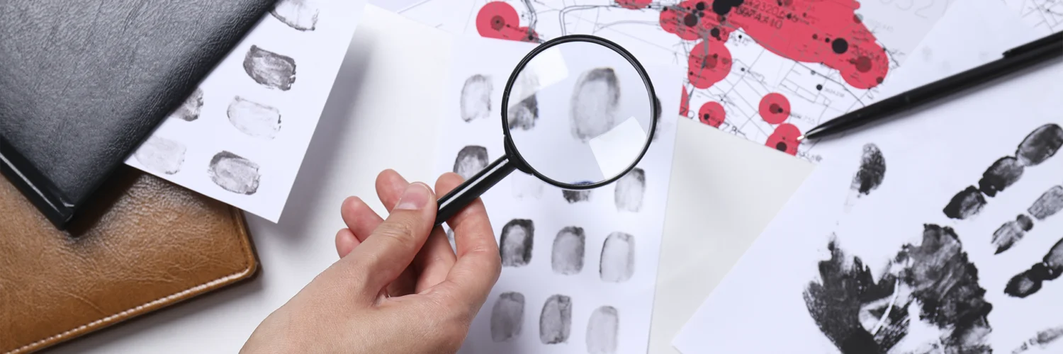 Pessoa analisa impressões digitais com lupa ao lado de mapas e marcas de mãos em um contexto investigativo.