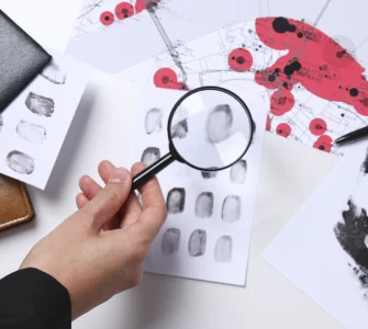 Pessoa analisa impressões digitais com lupa ao lado de mapas e marcas de mãos em um contexto investigativo.
