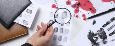Pessoa analisa impressões digitais com lupa ao lado de mapas e marcas de mãos em um contexto investigativo.