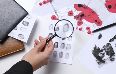 Pessoa analisa impressões digitais com lupa ao lado de mapas e marcas de mãos em um contexto investigativo.