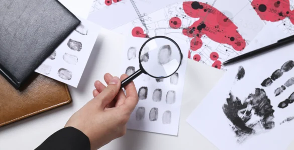 Pessoa analisa impressões digitais com lupa ao lado de mapas e marcas de mãos em um contexto investigativo.
